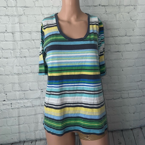 Liz Claiborne Tops - Liz Claiborne Blue, Green & Yellow Striped shirt size M